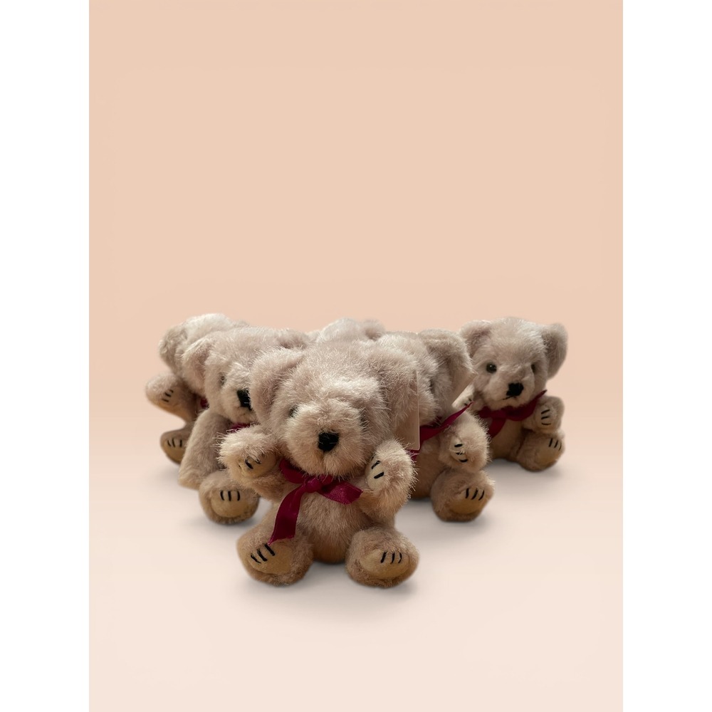 Wangs‎ International Miniature Plush Teddy Bear Set of 6 Tan with Burgundy Bows